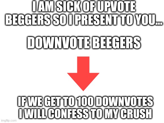 Downvote beggars | I AM SICK OF UPVOTE BEGGERS SO I PRESENT TO YOU... DOWNVOTE BEEGERS; IF WE GET TO 100 DOWNVOTES I WILL CONFESS TO MY CRUSH | image tagged in blank white template | made w/ Imgflip meme maker