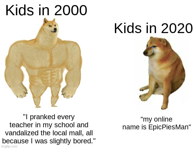 Kids be like | Kids in 2000; Kids in 2020; "my online name is EpicPiesMan"; "I pranked every teacher in my school and vandalized the local mall, all because I was slightly bored." | image tagged in memes,buff doge vs cheems | made w/ Imgflip meme maker