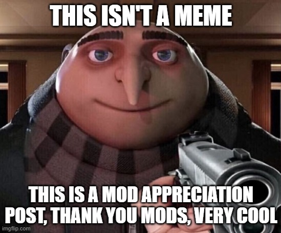 Say "Thank you Mods" | THIS ISN'T A MEME; THIS IS A MOD APPRECIATION POST, THANK YOU MODS, VERY COOL | image tagged in gru gun | made w/ Imgflip meme maker