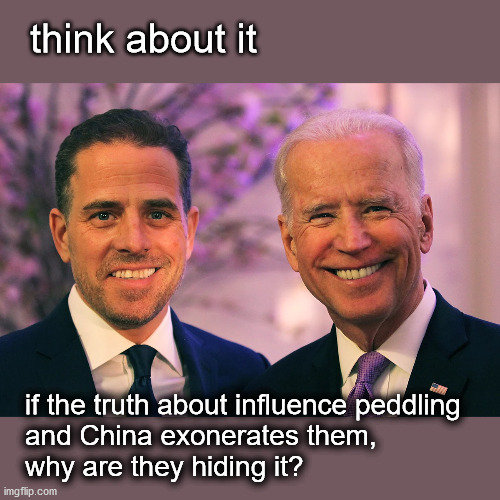 Why are the Biden's hiding the truth? | think about it; if the truth about influence peddling 
and China exonerates them, 
why are they hiding it? | image tagged in politics | made w/ Imgflip meme maker