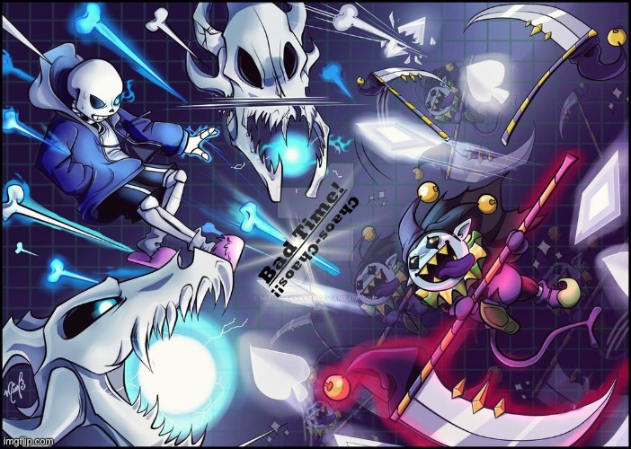Ok who else likes this fanart? (Wasn’t made by me) | image tagged in jevil,sans | made w/ Imgflip meme maker