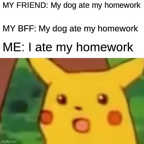 Surprised Pikachu | MY FRIEND: My dog ate my homework; MY BFF: My dog ate my homework; ME: I ate my homework | image tagged in memes,surprised pikachu | made w/ Imgflip meme maker