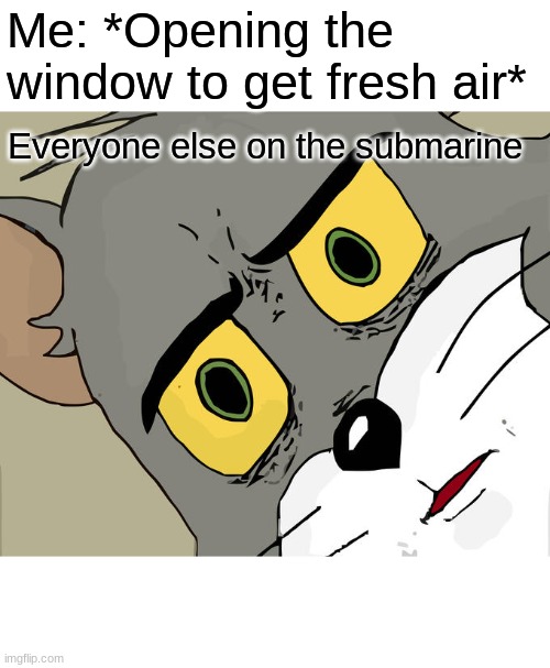 Unsettled Tom Meme | Me: *Opening the window to get fresh air*; Everyone else on the submarine | image tagged in memes,unsettled tom | made w/ Imgflip meme maker