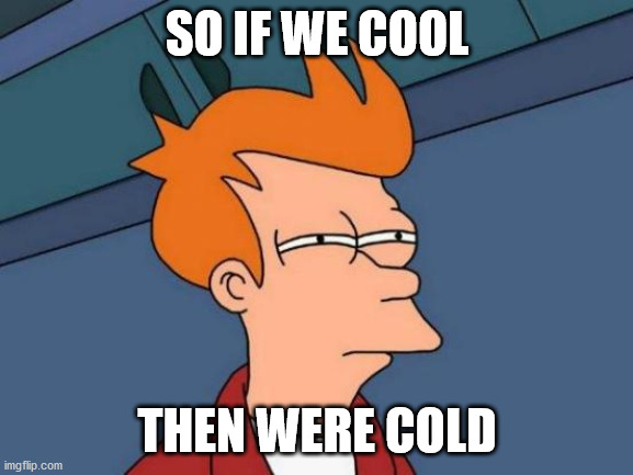 cool cold | SO IF WE COOL; THEN WERE COLD | image tagged in memes,futurama fry | made w/ Imgflip meme maker