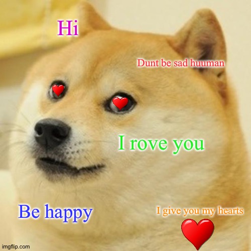 Have good day | Hi; Dunt be sad huuman; I rove you; I give you my hearts; Be happy | image tagged in memes,doge | made w/ Imgflip meme maker