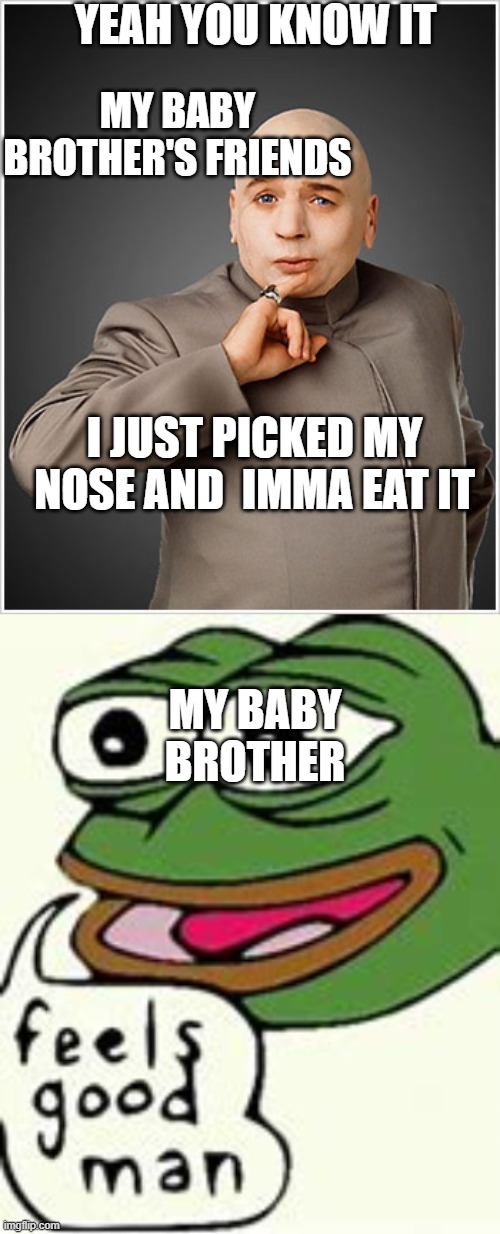 My brother's friends | YEAH YOU KNOW IT; MY BABY BROTHER'S FRIENDS; I JUST PICKED MY NOSE AND  IMMA EAT IT; MY BABY BROTHER | image tagged in memes,dr evil | made w/ Imgflip meme maker