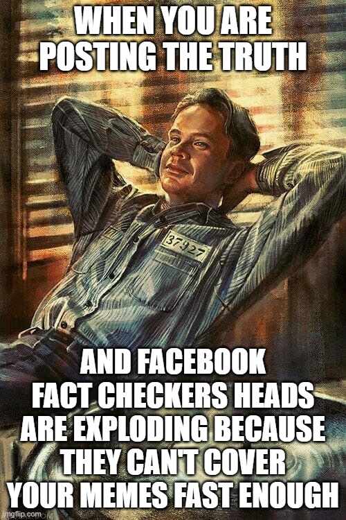 andy dufresne | WHEN YOU ARE POSTING THE TRUTH; AND FACEBOOK FACT CHECKERS HEADS ARE EXPLODING BECAUSE THEY CAN'T COVER YOUR MEMES FAST ENOUGH | image tagged in andy dufresne | made w/ Imgflip meme maker
