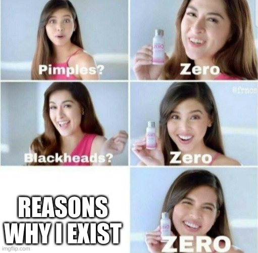 Pimples, Zero! | REASONS WHY I EXIST | image tagged in pimples zero | made w/ Imgflip meme maker