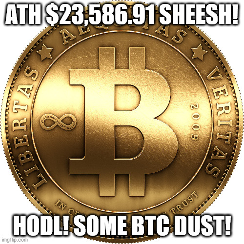 ATH Bitcoin $23,596.91 USD! | ATH $23,586.91 SHEESH! HODL! SOME BTC DUST! | image tagged in bitcoin | made w/ Imgflip meme maker