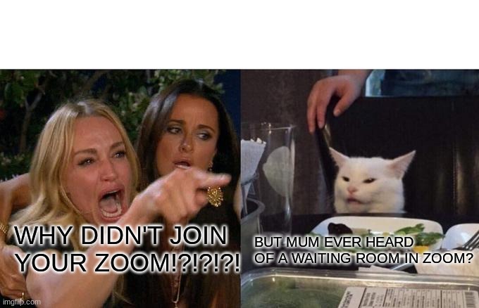 Woman Yelling At Cat | WHY DIDN'T JOIN YOUR ZOOM!?!?!?! BUT MUM EVER HEARD OF A WAITING ROOM IN ZOOM? | image tagged in memes,woman yelling at cat | made w/ Imgflip meme maker