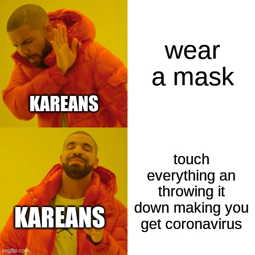 Drake Hotline Bling | wear a mask; KAREANS; touch everything an throwing it down making you get coronavirus; KAREANS | image tagged in memes,drake hotline bling,so true memes | made w/ Imgflip meme maker