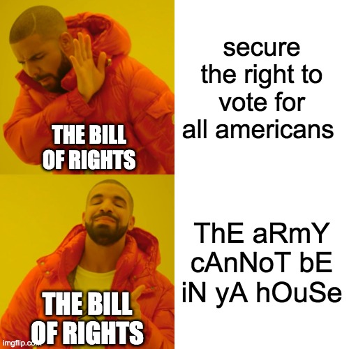 Drake Hotline Bling | secure the right to vote for all americans; THE BILL OF RIGHTS; ThE aRmY cAnNoT bE iN yA hOuSe; THE BILL OF RIGHTS | image tagged in memes,drake hotline bling | made w/ Imgflip meme maker