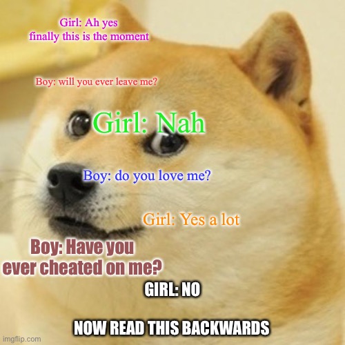 Imaooo | Girl: Ah yes finally this is the moment; Boy: will you ever leave me? Girl: Nah; Boy: do you love me? Girl: Yes a lot; Boy: Have you ever cheated on me? GIRL: NO; NOW READ THIS BACKWARDS | image tagged in memes,doge,love,cheating | made w/ Imgflip meme maker