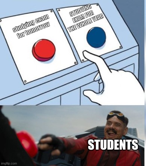 Two Buttons Eggman | STUDYING EXAM FOR THE WHOLE YEAR; studying exam for tomorrow; STUDENTS | image tagged in two buttons eggman | made w/ Imgflip meme maker