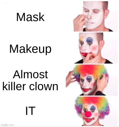 HORROR(ish) | Mask; Makeup; Almost killer clown; IT | image tagged in memes,clown applying makeup | made w/ Imgflip meme maker