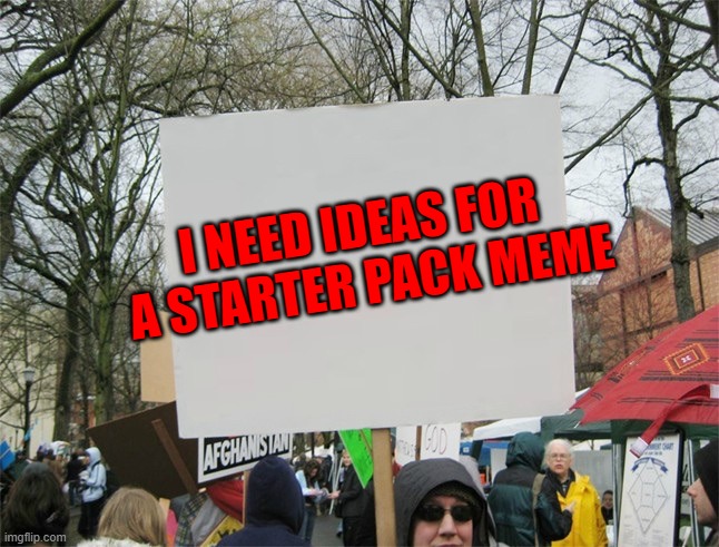 please give me ideas | I NEED IDEAS FOR 
A STARTER PACK MEME | image tagged in blank protest sign | made w/ Imgflip meme maker