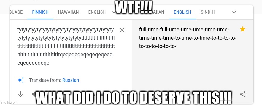 google translate had a stroke. | WTF!!! WHAT DID I DO TO DESERVE THIS!!! | image tagged in google translate,funny,memes | made w/ Imgflip meme maker