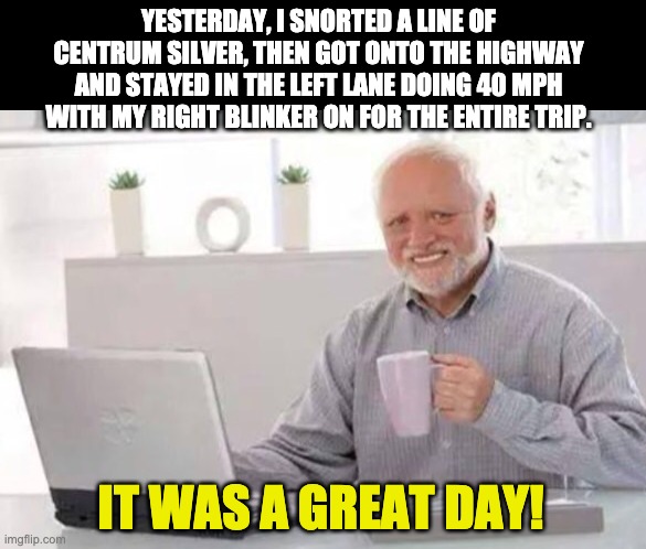Getting old | YESTERDAY, I SNORTED A LINE OF CENTRUM SILVER, THEN GOT ONTO THE HIGHWAY AND STAYED IN THE LEFT LANE DOING 40 MPH WITH MY RIGHT BLINKER ON FOR THE ENTIRE TRIP. IT WAS A GREAT DAY! | image tagged in harold | made w/ Imgflip meme maker
