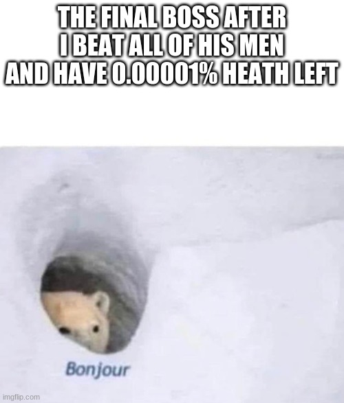 welp im gone | THE FINAL BOSS AFTER I BEAT ALL OF HIS MEN AND HAVE 0.00001% HEATH LEFT | image tagged in bonjour | made w/ Imgflip meme maker