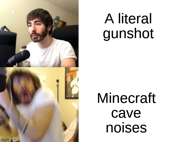 boom | A literal gunshot; Minecraft cave noises | image tagged in penguinz0 | made w/ Imgflip meme maker