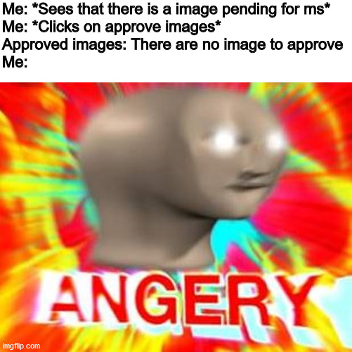 Me: *Sees that there is a image pending for ms*
Me: *Clicks on approve images*
Approved images: There are no image to approve
Me: | image tagged in blank white template,surreal angery | made w/ Imgflip meme maker