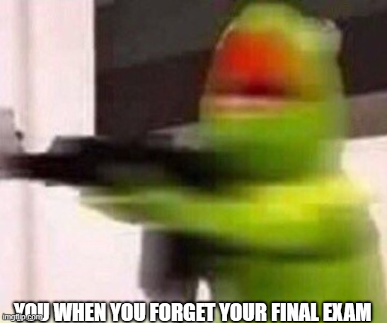 here lies your grades | YOU WHEN YOU FORGET YOUR FINAL EXAM | image tagged in school shooter muppet | made w/ Imgflip meme maker