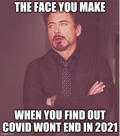 Face You Make Robert Downey Jr | THE FACE YOU MAKE; WHEN YOU FIND OUT COVID WONT END IN 2021 | image tagged in memes,face you make robert downey jr,2020 sucks | made w/ Imgflip meme maker