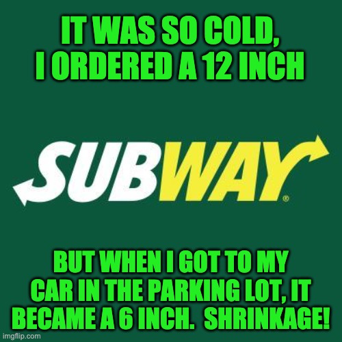 Shrinkage | IT WAS SO COLD, I ORDERED A 12 INCH; BUT WHEN I GOT TO MY CAR IN THE PARKING LOT, IT BECAME A 6 INCH.  SHRINKAGE! | image tagged in subway logo | made w/ Imgflip meme maker