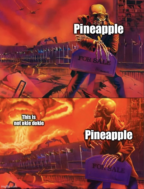 Skeleton Looking at Explosion | Pineapple Pineapple This is not okie dokie | image tagged in skeleton looking at explosion | made w/ Imgflip meme maker