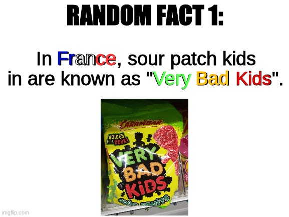 Random Fact #1 | RANDOM FACT 1:; In France, sour patch kids in are known as "Very Bad Kids". ce; an; Fr; Very; Bad; Kids | image tagged in blank white template | made w/ Imgflip meme maker