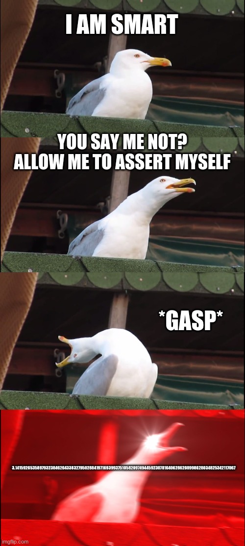 Inhaling Seagull Meme | I AM SMART; YOU SAY ME NOT? ALLOW ME TO ASSERT MYSELF; *GASP*; 3.141592653589793238462643383279502884197169399375105820974944592307816406286208998628034825342117067 | image tagged in memes,inhaling seagull | made w/ Imgflip meme maker