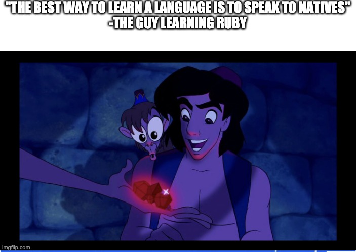 "THE BEST WAY TO LEARN A LANGUAGE IS TO SPEAK TO NATIVES"
-THE GUY LEARNING RUBY | made w/ Imgflip meme maker