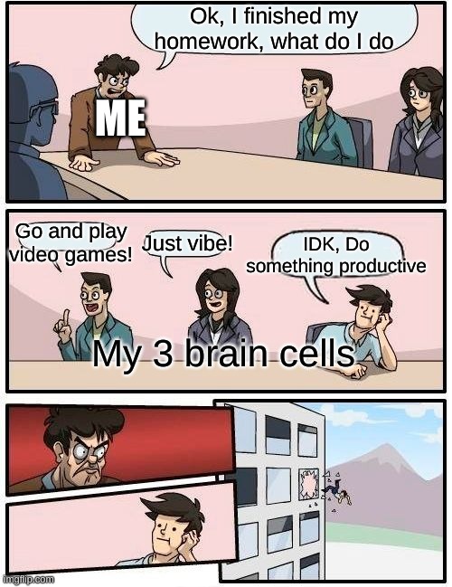 true. | Ok, I finished my homework, what do I do; ME; IDK, Do something productive; Go and play video games! Just vibe! My 3 brain cells | image tagged in memes,boardroom meeting suggestion,relatable | made w/ Imgflip meme maker