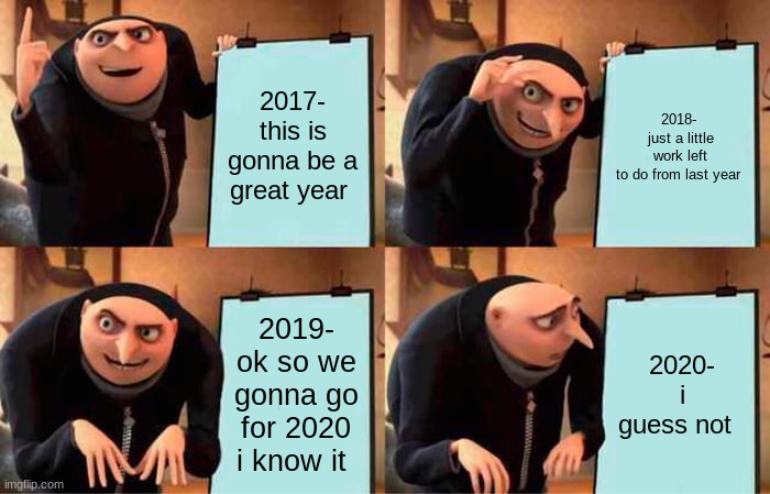 2020 sucks | 2017- this is gonna be a great year; 2018-  just a little work left to do from last year; 2019- ok so we gonna go for 2020 i know it; 2020- i guess not | image tagged in memes,gru's plan | made w/ Imgflip meme maker