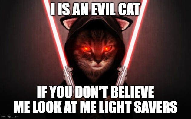 I IS AN EVIL CAT; IF YOU DON'T BELIEVE ME LOOK AT ME LIGHT SAVERS | image tagged in memes | made w/ Imgflip meme maker