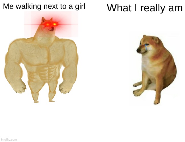 Buff Doge vs. Cheems | Me walking next to a girl; What I really am | image tagged in memes,buff doge vs cheems | made w/ Imgflip meme maker