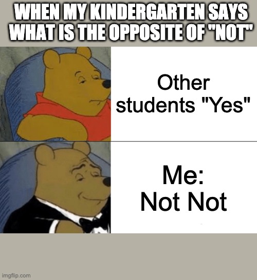not and not not | WHEN MY KINDERGARTEN SAYS WHAT IS THE OPPOSITE OF "NOT"; Other students "Yes"; Me: Not Not | image tagged in memes,tuxedo winnie the pooh | made w/ Imgflip meme maker