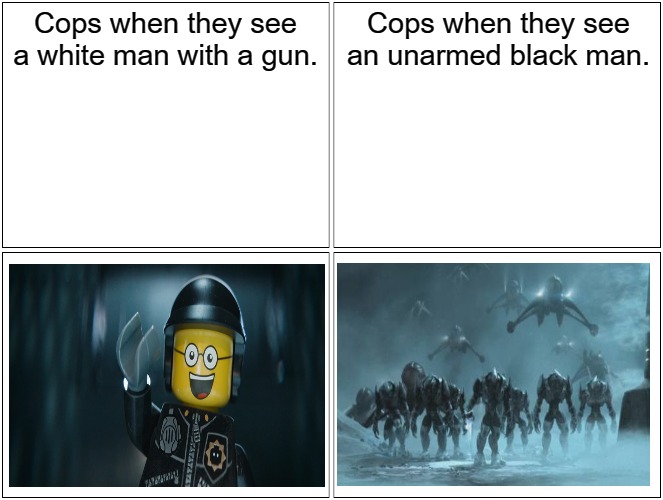 Police forces go brrrrr | Cops when they see a white man with a gun. Cops when they see an unarmed black man. | image tagged in memes,blank comic panel 2x2,police brutality,double standards | made w/ Imgflip meme maker