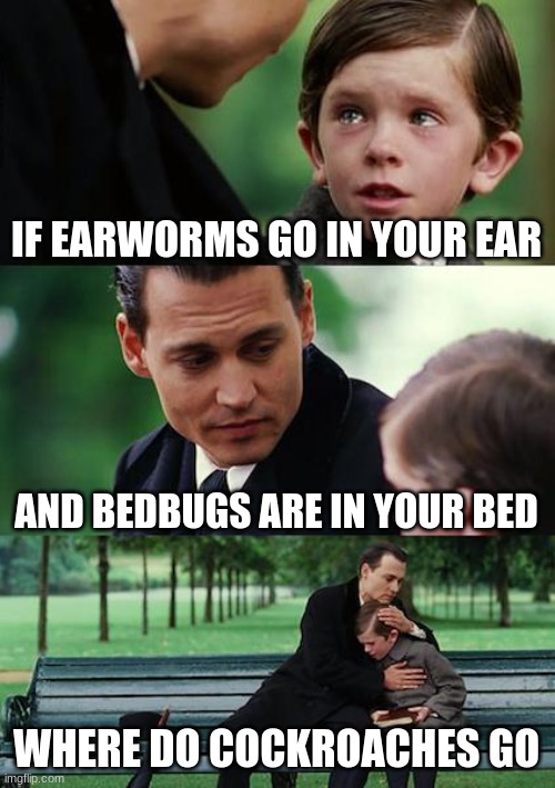 Finding Neverland Meme | IF EARWORMS GO IN YOUR EAR; AND BEDBUGS ARE IN YOUR BED; WHERE DO COCKROACHES GO | image tagged in memes,finding neverland | made w/ Imgflip meme maker