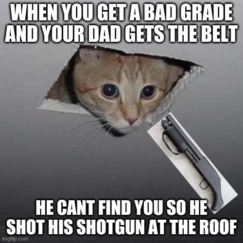 Ceiling Cat | WHEN YOU GET A BAD GRADE AND YOUR DAD GETS THE BELT; HE CANT FIND YOU SO HE SHOT HIS SHOTGUN AT THE ROOF | image tagged in memes,ceiling cat | made w/ Imgflip meme maker