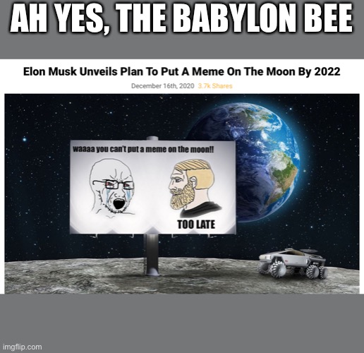 The Babylon bee knows our kind | AH YES, THE BABYLON BEE | image tagged in babylon bee,memes,funny memes,elon musk,dank,what does dank even mean lol | made w/ Imgflip meme maker