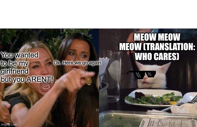 A date night | MEOW MEOW MEOW (TRANSLATION: WHO CARES); You wanted to be my girlfriend but you ARENT! Ok. Here we go again | image tagged in memes,woman yelling at cat | made w/ Imgflip meme maker