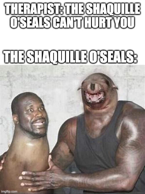 are you ok shaq? | THERAPIST: THE SHAQUILLE O'SEALS CAN'T HURT YOU; THE SHAQUILLE O'SEALS: | image tagged in shaq,sea lion | made w/ Imgflip meme maker