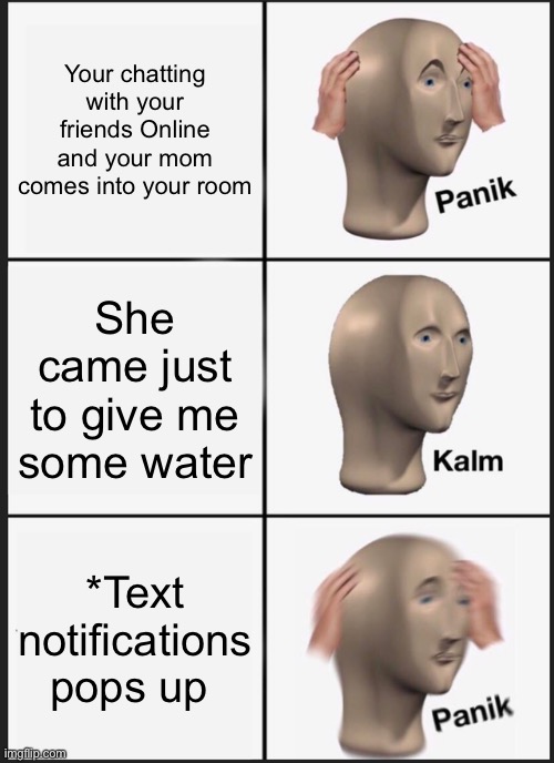 Panik Kalm Panik | Your chatting with your friends Online and your mom comes into your room; She came just to give me some water; *Text notifications pops up | image tagged in memes,panik kalm panik | made w/ Imgflip meme maker