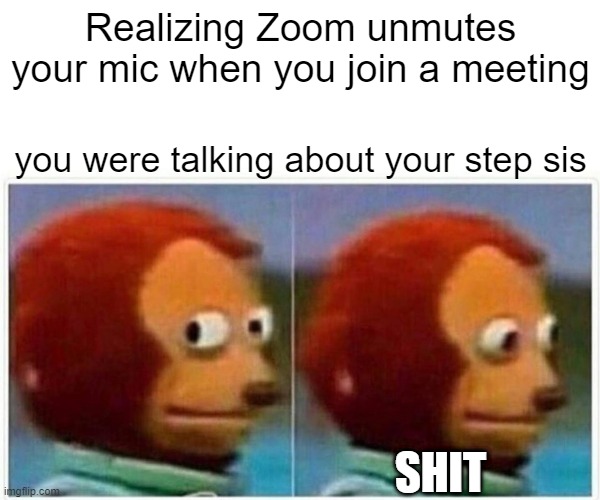 Shit momment | Realizing Zoom unmutes your mic when you join a meeting; you were talking about your step sis; SHIT | image tagged in memes,monkey puppet | made w/ Imgflip meme maker