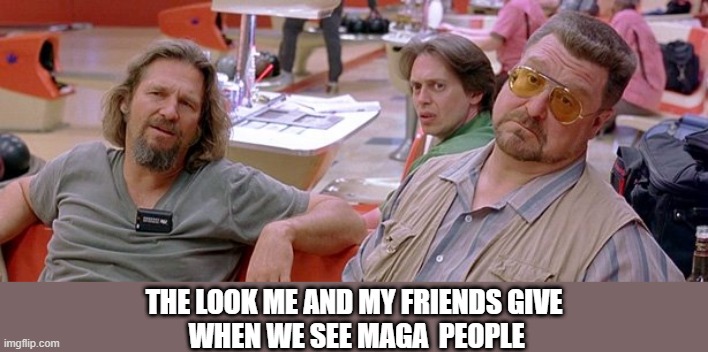 true | THE LOOK ME AND MY FRIENDS GIVE
 WHEN WE SEE MAGA  PEOPLE | image tagged in big lebowski,maga,donald trump | made w/ Imgflip meme maker