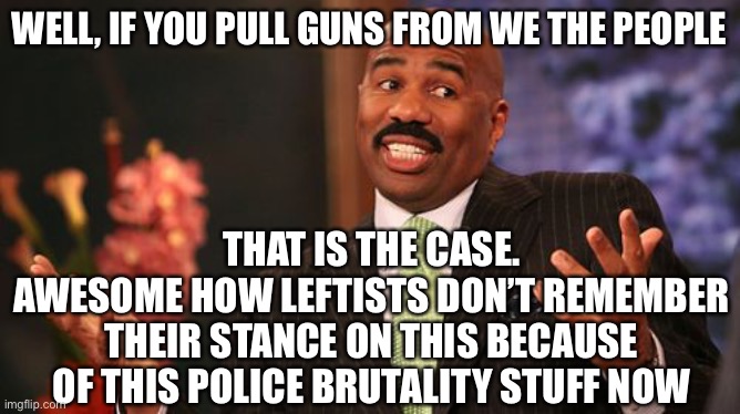 Steve Harvey Meme | WELL, IF YOU PULL GUNS FROM WE THE PEOPLE THAT IS THE CASE.
AWESOME HOW LEFTISTS DON’T REMEMBER THEIR STANCE ON THIS BECAUSE OF THIS POLICE  | image tagged in memes,steve harvey | made w/ Imgflip meme maker
