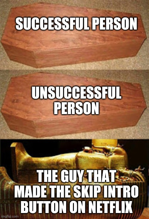 Golden coffin meme | SUCCESSFUL PERSON; UNSUCCESSFUL PERSON; THE GUY THAT MADE THE SKIP INTRO BUTTON ON NETFLIX | image tagged in golden coffin meme | made w/ Imgflip meme maker