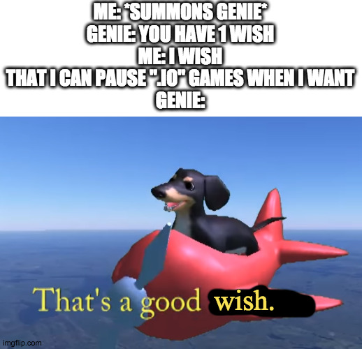 Yes | ME: *SUMMONS GENIE*
GENIE: YOU HAVE 1 WISH
ME: I WISH THAT I CAN PAUSE ".IO" GAMES WHEN I WANT
GENIE:; wish. | image tagged in that's a good wisdom | made w/ Imgflip meme maker