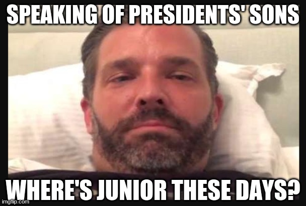Trump Jr | SPEAKING OF PRESIDENTS' SONS WHERE'S JUNIOR THESE DAYS? | image tagged in trump jr | made w/ Imgflip meme maker